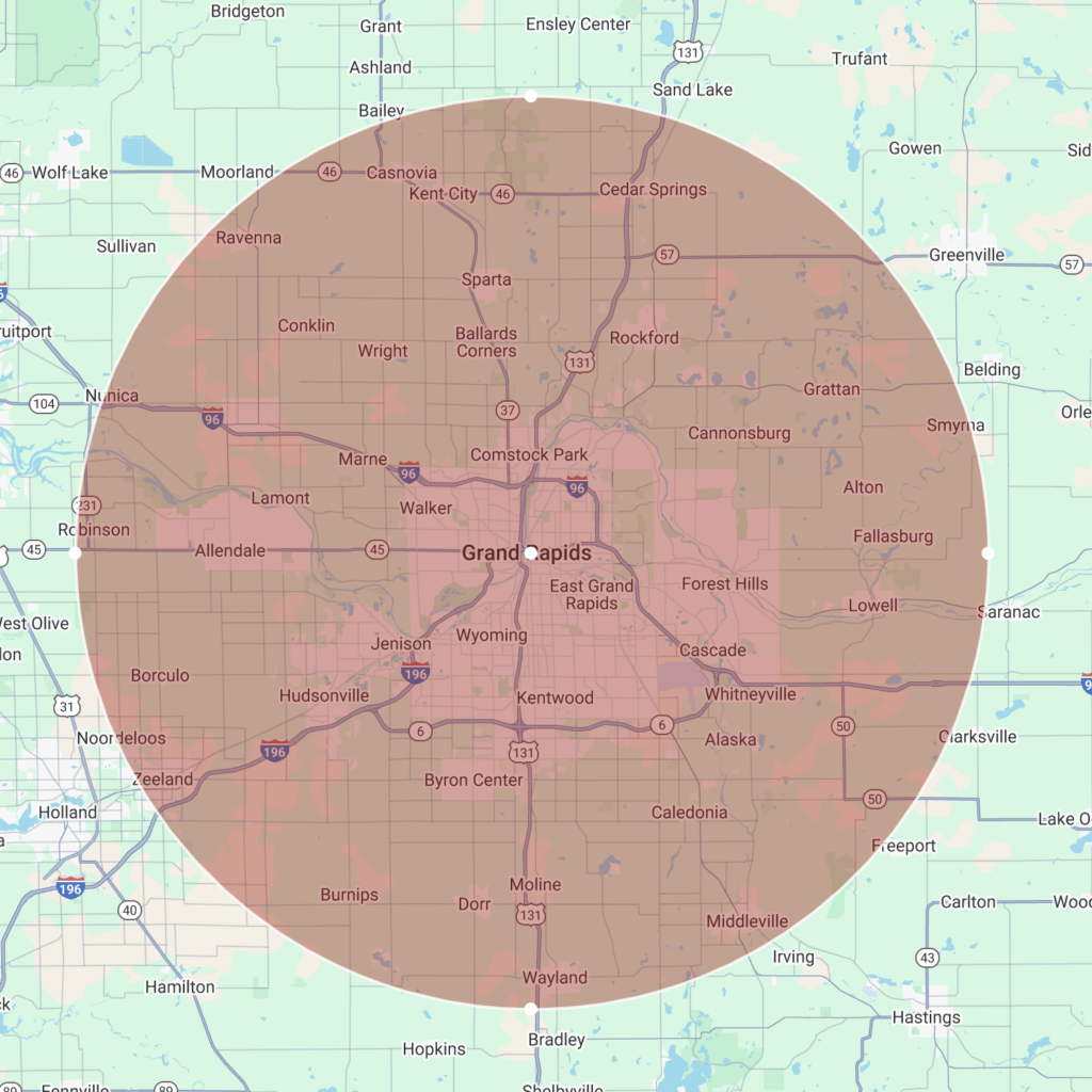 Neighborly Hauling dumpster rental service area map covering Grand Rapids and surrounding West Michigan communities